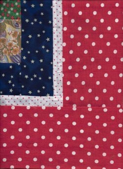 $Jun. One-patch 16 square Scrap quilt1, Red PolkaDot border 1.17.2012.jpg