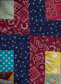 $Jun. One-patch 16 square Scrap quilt3, Red PolkaDot border 1.17.2012.jpg